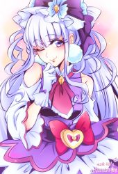 Rule 34 | 10s, 1girl, absurdres, artist name, bare shoulders, blue scrunchie, blush, bow, cure amour, dated, detached sleeves, glove bow, gloves, hair bow, hair ornament, hair scrunchie, highres, hugtto! precure, kiraki, lipstick, long hair, long sleeves, looking at viewer, magical girl, makeup, one eye closed, precure, purple eyes, purple hair, ribbon, ruru amour, scrunchie, smile, solo, twintails, upper body, white gloves, wide sleeves