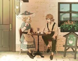 Rule 34 | 1boy, 1girl, absurdres, animal ears, apron, blonde hair, blue dress, braid, brick road, cafe, chair, coffee, collared shirt, crown braid, cup, door, dress, flower, full body, hair between eyes, highres, holding, holding cup, link, long dress, long sleeves, looking at another, low ponytail, medium hair, mushroom hat, neck ribbon, nintendo, open mouth, outdoors, pants, parted bangs, parted lips, pointy ears, princess zelda, ribbon, shirt, shirt under dress, shoes, short hair, sidelocks, sitting, smile, suspenders, table, talking, the legend of zelda, the legend of zelda: tears of the kingdom, vase, waist apron, white shirt, window, yuno 11 02