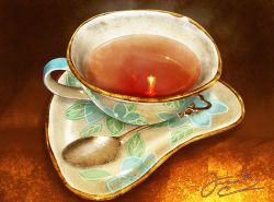 Rule 34 | black tea, commentary request, cup, drink, fusui, glint, no humans, original, saucer, signature, spoon, still life, tea, teacup
