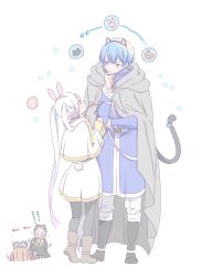 Rule 34 | 1girl, 3boys, animal ear hairband, animal ears, black pantyhose, blue eyes, blue hair, blue jacket, boots, brown footwear, brown hair, cape, capelet, cat ears, cat tail, dress, eisen (sousou no frieren), elf, fake animal ears, frieren, green robe, grey cape, hairband, hand on own chin, heiter, helmet, highres, himmel (sousou no frieren), jacket, long hair, long sleeves, looking at another, multiple boys, pantyhose, pointy ears, rabbit ears, robe, sachinyopo, short hair, simple background, sousou no frieren, tail, translation request, twintails, very long hair, white background, white capelet, white dress, white hair