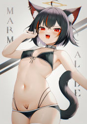 Rule 34 | 1girl, :d, absurdres, ahoge, animal ear fluff, animal ears, text background, bare arms, bare shoulders, bikini, black bikini, black hair, blush, breasts, cat ears, cat girl, cat tail, commentary request, covered erect nipples, fang, grey background, halo, hand up, hei yksk, highres, looking at viewer, multicolored hair, navel, open mouth, original, red eyes, red hair, skindentation, small breasts, smile, solo, streaked hair, sweat, swimsuit, tail