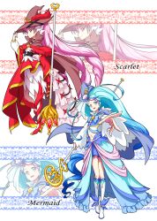 Rule 34 | 2girls, :d, absurdres, adapted costume, akagi towa, alternate costume, aqua eyes, aqua hair, big hair, blue hair, blue skirt, boots, braid, cape, character name, choker, commentary request, cure mermaid, cure scarlet, detached sleeves, dress, earrings, eyelashes, go! princess precure, gradient hair, hair ornament, happy, hat, highres, jewelry, kaidou minami, large hat, long hair, looking at viewer, magical girl, mahou girls precure!, matatabi (karukan222), midriff, multicolored hair, multiple girls, navel, open mouth, pink hair, ponytail, precure, purple hair, red dress, red eyes, single braid, skirt, smile, staff, standing, streaked hair, two-tone hair, very long hair, witch, witch hat