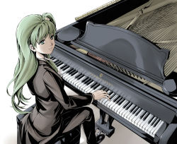 Rule 34 | 1girl, album cover, alternate costume, bad id, bad pixiv id, brand name imitation, coattails, cover, female focus, formal, frog, frog hair ornament, from above, grand piano, green eyes, green hair, hair ornament, instrument, kochiya sanae, kyuu umi, long hair, matching hair/eyes, pant suit, pants, parody, piano, piano bench, sitting, solo, suit, tailcoat, touhou, tuxedo