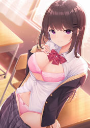 Rule 34 | 1girl, arm support, black jacket, blazer, blurry, blurry background, blush, bow, bow bra, bow panties, bowtie, bra, breasts, brown cardigan, brown hair, buttons, cardigan, chair, classroom, cleavage, closed mouth, clothes pull, collared shirt, commentary request, cowboy shot, curtains, desk, diagonal-striped bow, diagonal-striped bowtie, diagonal-striped clothes, diagonal-striped neckwear, dress shirt, dutch angle, evening, grey skirt, hair ornament, hairclip, hand on own chest, hand up, has bad revision, has downscaled revision, hicha nomu, highres, indoors, jacket, large breasts, leaning on object, light particles, long hair, long sleeves, md5 mismatch, navel, off shoulder, open cardigan, open clothes, open jacket, original, panties, partially unbuttoned, pink bra, pink panties, plaid, plaid skirt, pleated skirt, purple eyes, red bow, red bowtie, resolution mismatch, school chair, school desk, school uniform, shirt, skirt, skirt pull, sleeves past wrists, smile, solo, source smaller, standing, stomach, striped bow, striped bowtie, striped clothes, striped neckwear, underwear, white shirt, window