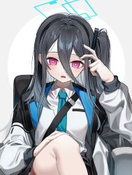 Rule 34 | &lt;key&gt; (blue archive), 1girl, absurdres, aris (blue archive), black hairband, black jacket, black skirt, blue archive, blush, circle, collared shirt, green necktie, grey background, grey hair, hair between eyes, hair over shoulder, hairband, halo, hand on own face, highres, jacket, knee up, long hair, long sleeves, looking down, multicolored clothes, multicolored jacket, necktie, open clothes, open jacket, open mouth, pink eyes, pleated skirt, shirt, side ponytail, sidelocks, simple background, sitting, skirt, solo, sugar (dndi888), two-tone jacket, white jacket, white shirt