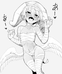 Rule 34 | 1boy, absurdres, androgynous, angel wings, bandaged arm, bandaged leg, bandages, blush, doro9363, elona, fangs, feathered wings, halloween, halloween costume, hat, highres, jester cap, kumiromi of harvest, looking at viewer, medium hair, monochrome, mummy costume, naked bandage, navel, open mouth, skin fangs, trap, wings