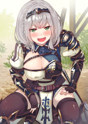 Rule 34 | &gt;:), 1girl, absurdres, armor, belt, black gloves, black thighhighs, blush, breasts, brown belt, cleavage, female knight, fingerless gloves, gauntlets, gloves, green eyes, grey hair, hand on own thigh, headpiece, highres, hololive, knight, large breasts, looking at viewer, mole, mole on breast, open mouth, shirogane noel, shirogane noel (1st costume), short hair, smile, solo, squatting, thighhighs, tonarikeru, virtual youtuber, white loincloth