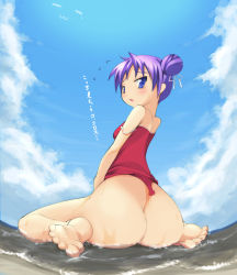 Rule 34 | 00s, 1girl, alternate hairstyle, ass, barefoot, blue eyes, blush, bottomless, braid, camisole, cloud, day, feet, hiiragi kagami, imazon, lucky star, one-piece swimsuit, purple hair, sky, soles, solo, swimsuit, toes, translation request, wardrobe malfunction, water
