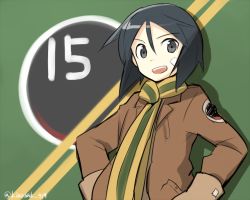 Rule 34 | 10s, 1girl, bandage on face, bandages, black eyes, black hair, brave witches, brown gloves, gloves, hands on own hips, jacket, kanno naoe, kinosaki (green patio), long sleeves, one-hour drawing challenge, scarf, short hair, simple background, solo, strike witches, striped, striped background, twitter username, upper body, world witches series