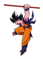 Rule 34 | 1boy, bitz777, black eyes, black hair, boots, clenched hands, dougi, dragon ball, dragonball z, fingernails, full body, holding, looking away, male focus, ruyi jingu bang, profile, shaded face, short hair, simple background, son goku, spiked hair, white background, wristband