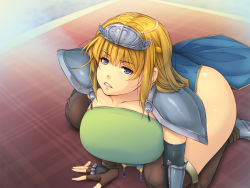 Rule 34 | 1girl, armor, ass, blonde hair, blue eyes, boots, breasts, floor, from above, huge breasts, indoors, legs, long hair, looking at viewer, makeikusa no onna-tachi: hime to onna kishi no senpuku-ki, original, parted lips, pelvic curtain, shoulder pads, sitting, solo, thigh boots, thighhighs, thighs, tiara, yoko juusuke