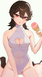 Rule 34 | 1girl, bad id, bad pixiv id, breasts, brown hair, cleavage cutout, clothing cutout, covered navel, food, heart cutout, highleg, highleg swimsuit, highres, ice cream, looking at viewer, medium breasts, okuro zmzm, one-piece swimsuit, original, red eyes, short hair, simple background, sitting, solo, swimsuit, tongue, tongue out, wariza, white background, white one-piece swimsuit
