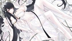 Rule 34 | 1girl, absurdly long hair, azur lane, bare shoulders, black hair, breasts, cleavage, detached collar, dress, dutch angle, elbow gloves, flower, gloves, hair flower, hair ornament, highres, large breasts, long dress, long hair, looking at viewer, megumi kei, official alternate costume, peter strasser (a moment frozen in pure white) (azur lane), peter strasser (azur lane), purple eyes, see-through, see-through dress, sleeveless, sleeveless dress, solo, very long hair, wedding dress, white dress, white flower