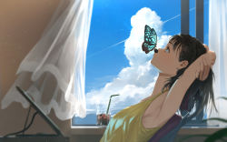 Rule 34 | 1girl, animal, armpits, arms behind back, arms behind head, arms up, bare arms, black hair, blue butterfly, blue eyes, blue sky, blurry, blurry foreground, blush, bug, butterfly, butterfly on nose, camisole, chair, closed mouth, cloud, contrail, crossed arms, cup, curtains, day, depth of field, drink, drinking glass, drinking straw, fingernails, from side, glass, hands up, highres, indoors, insect, leaning back, long hair, looking away, office chair, open window, original, pencil as mustache, plant, potted plant, profile, reclining, sitting, sky, sleeveless, solo, somehira katsu, swivel chair, table, tablet pc, tank top, upper body, window, yellow camisole