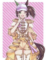 Rule 34 | 1girl, animal ears, arm at side, belt, brown hair, cowboy shot, dot nose, epaulettes, freckles, gloves, green eyes, half-skirt, hand up, horse ears, horse girl, horse tail, ines fujin (umamusume), jacket, looking at viewer, micca (suisuisuigyo), open mouth, short hair, short sleeves, shorts, side ponytail, skirt, solo, tail, thighhighs, umamusume, visor cap, white gloves, white jacket, white thighhighs, yellow shorts, yellow skirt