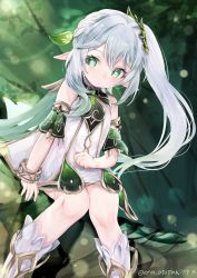 Rule 34 | 1girl, bracelet, cape, child, commentary request, cross-shaped pupils, detached sleeves, dress, genshin impact, gradient hair, green cape, green eyes, green hair, green sleeves, hair ornament, highres, in tree, jewelry, leaf hair ornament, long hair, multicolored hair, nahida (genshin impact), ototuki ena, pointy ears, side ponytail, sitting, sitting in tree, solo, symbol-shaped pupils, tree, white dress, white footwear, white hair