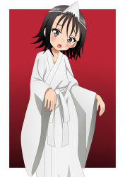 Rule 34 | 1girl, black hair, blush, fingernails, ghost costume, ghost hat ornament, halloween, halloween costume, highres, kunoichi tsubaki no mune no uchi, looking at viewer, open mouth, red background, rindou (kunoichi tsubaki no mune no uchi), riokasen, robe, simple background, smile, solo, white robe, wide sleeves