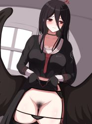 Rule 34 | 1girl, absurdres, angel wings, black gloves, black hair, black panties, black shirt, black skirt, black thighhighs, blue archive, blush, breast pocket, breasts, brown eyes, ceiling, choker, cleavage, clothes lift, clothes writing, collarbone, embarrassed, garter belt, garter straps, gloves, halo, hasumi (blue archive), highres, large breasts, long hair, long sleeves, looking to the side, navel, neckerchief, oreon z, panties, panty pull, pocket, pubic hair, pussy, red neckerchief, school uniform, shirt, skirt, skirt lift, standing, thighhighs, underwear, window, wings