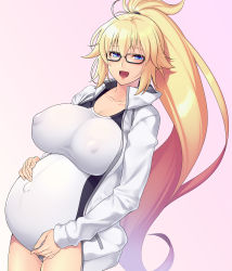 Rule 34 | 1girl, 846-gou, absurdres, blonde hair, blue eyes, blush, breasts, cleavage, competition swimsuit, fate/grand order, fate (series), glasses, highres, jacket, jeanne d&#039;arc (fate), jeanne d&#039;arc (ruler) (fate), jeanne d&#039;arc (swimsuit archer) (fate), jeanne d&#039;arc (swimsuit archer) (second ascension) (fate), large breasts, long hair, long sleeves, looking at viewer, one-piece swimsuit, open clothes, open jacket, open mouth, ponytail, pregnant, smile, swimsuit, very long hair, white jacket, white one-piece swimsuit
