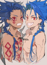 Rule 34 | 2boys, age regression, blue hair, bodypaint, closed mouth, cu chulainn (fate), cu chulainn (fate) (all), cu chulainn (fate/stay night), cu chulainn alter (fate), cu chulainn alter (fate/grand order), earrings, facepaint, fate/grand order, fate/grand order arcade, fate (series), grin, jewelry, lancer, long hair, looking at viewer, male focus, multiple boys, ponytail, red eyes, setanta (fate), sharp teeth, shirasuboshiboshi, simple background, sketch, slit pupils, smile, spiked hair, tail, tan, teeth, topless male, twitter username, aged down