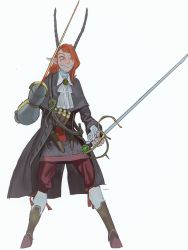 Rule 34 | ascot, borrowed character, brooch, closed mouth, dagger, dual wielding, fighting stance, full body, highres, holding, holding sword, holding weapon, horns, jewelry, knife, legs apart, long hair, long horns, mossacannibalis, orange hair, original, pants, pointy ears, rapier, red pants, simple background, smile, solo, sword, weapon, white ascot, white background, yellow eyes