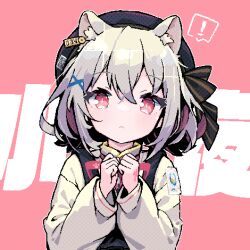 Rule 34 | !, 1girl, animal ear fluff, animal ears, beret, black hat, black vest, bow, bowtie, bright pupils, cat ears, cat girl, character name, closed mouth, demusato (udmp), ear tag, grey hair, hair between eyes, hair ornament, hands up, hat, hat ribbon, highres, light blush, long sleeves, looking at viewer, own hands together, pixel art, puffy long sleeves, puffy sleeves, qr code, red bow, red bowtie, red eyes, ribbon, sayo (voicevox), shirt, short hair, sidelocks, simple background, slit pupils, solo, spoken exclamation mark, straight-on, text background, tsurime, upper body, vest, voicevox, white pupils, white shirt, x hair ornament