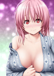 Rule 34 | 1girl, alternate costume, bare shoulders, blush, breasts, closed mouth, collarbone, gradient background, green background, highres, japanese clothes, kimono, large breasts, light particles, lips, long sleeves, looking at viewer, no bra, no headwear, nori tamago, nose blush, off shoulder, outline, own hands together, pink hair, pink lips, purple background, red eyes, revision, saigyouji yuyuko, short hair, smile, solo, touhou, upper body, white outline