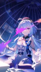 Rule 34 | 1girl, absurdres, ahoge, bare shoulders, beret, blue hair, closed mouth, dress, griseo, griseo (starry impression), hair ornament, hat, highres, honkai (series), honkai impact 3rd, long hair, looking at viewer, night, night sky, purple eyes, short sleeves, sitting, sky, solo, star (sky), starry sky, twintails, wariza, white dress, yaosan