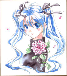 Rule 34 | 1girl, blush, flower, hatsune miku, nacht (nacht 01), painting (medium), shikishi, solo, traditional media, vocaloid, watercolor (medium)