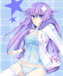 Rule 34 | 10s, 1girl, absurdres, blue eyes, blue panties, breasts, bubble, d-pad, female focus, hair ornament, highres, hood, hoodie, long hair, neptune (neptunia), neptune (series), no pants, open clothes, open shirt, panties, purple hair, purple heart (neptunia), shirt, shishin (shishintei), solo, star (symbol), striped clothes, striped panties, thighhighs, underwear, white thighhighs