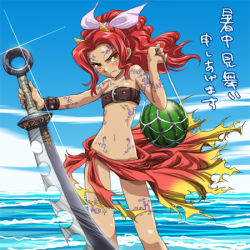 Rule 34 | 1girl, angry, belt bra, food, fruit, lowres, net, oni, ponytail, red hair, red oni, shochuumimai, solo, sword, tattoo, water, watermelon, weapon