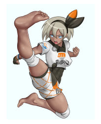 Rule 34 | 1girl, barefoot, bea (pokemon), black bodysuit, black hairband, blue eyes, bodysuit, bodysuit under clothes, bow hairband, clenched hands, collared shirt, commentary, covered erect nipples, creatures (company), dark-skinned female, dark skin, dynamax band, eyelashes, flying kick, full body, game freak, gloves, grey hair, hair between eyes, hairband, highres, issei (sakito), kicking, knee pads, muscular, muscular female, nintendo, open mouth, partially fingerless gloves, pokemon, pokemon swsh, print shirt, print shorts, shirt, short hair, short sleeves, shorts, single glove, soles, solo, teeth, toes, tongue, upper teeth only