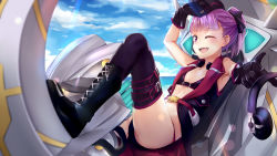 Rule 34 | 1girl, arm up, belt, bikini, black bikini, black gloves, blue sky, boots, cloud, cloudy sky, cross-laced footwear, day, fate/grand order, fate (series), gloves, headphones, helena blavatsky (fate), helena blavatsky (swimsuit archer) (fate), helena blavatsky (swimsuit archer) (third ascension) (fate), highres, knee boots, looking at viewer, lying, migimura sakimori, on back, one eye closed, open mouth, outdoors, pointing, pointing at viewer, ponytail, purple eyes, purple hair, purple thighhighs, sky, smile, solo, swimsuit, thighhighs