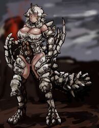 Rule 34 | 1girl, :|, breasts, claws, closed mouth, commentary request, crotch, dark-skinned female, dark skin, dragon girl, full body, gluteal fold, gravios, grey hair, highres, horns, large breasts, leotard, monster girl, monster hunter (series), personification, revealing clothes, scales, solo, standing, tail, talons, udetamago, winged arms, wings, yellow eyes