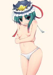 Rule 34 | 1girl, bad id, bad pixiv id, blush, breasts, cameltoe, female focus, green eyes, green hair, hat, highres, matching hair/eyes, nase, nipples, panties, panties only, shiki eiki, short hair, small breasts, solo, tears, topless, touhou, underwear, underwear only