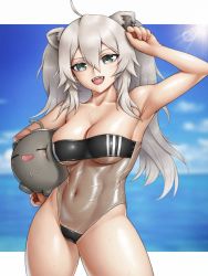 Rule 34 | 1girl, ahoge, animal ears, breasts, casual one-piece swimsuit, cleavage, covered navel, double vertical stripe, fangs, grey eyes, grey hair, gris swimsuit, highleg, highleg swimsuit, highres, hololive, lion ears, lion girl, long hair, medium breasts, meme attire, messy hair, navel, one-piece swimsuit, open mouth, see-through, see-through swimsuit, shiny skin, shishiro botan, skylock, smile, solo, ssrb (shishiro botan), strapless, strapless one-piece swimsuit, swimsuit, two side up, virtual youtuber, wet