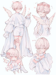Rule 34 | 1boy, absurdres, androgynous, angel, angel wings, bishounen, blonde hair, blush, chibi, child, collar, crying, flower, halo, head wreath, highres, long sleeves, magical boy, male focus, niufog, original, pink eyes, pink flower, pink theme, short hair, solo, syringe, wavy hair, white background, wings