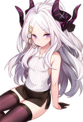 Rule 34 | 1girl, ahoge, black gloves, blue archive, blush, breasts, brown thighhighs, gloves, hair ornament, hairclip, half gloves, highres, hina (blue archive), horns, long hair, looking at viewer, mou tama maru, purple eyes, simple background, sitting, small breasts, solo, thighhighs, white background, white hair, zettai ryouiki