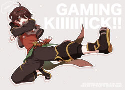Rule 34 | 1boy, brown hair, brown jacket, brown pants, character name, english text, fingerless gloves, gaming (genshin impact), genshin impact, gloves, hair between eyes, highres, jacket, long sleeves, male focus, meshi kue yo, open mouth, pants, red shirt, shirt, shoes, tassel, upper body