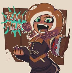 Rule 34 | 1girl, brown hair, candy, chocolate, chocolate bar, clenched hand, commentary, dark-skinned female, dark skin, dolphin shorts, english commentary, fangs, food, foreshortening, freckles, green eyes, highres, holding, holding chocolate, holding food, nintendo, octoling, octoling girl, octoling player character, open mouth, saurit, shorts, smile, solo, splatoon (series), splatoon 3, tentacle hair