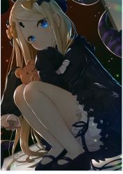 Rule 34 | 1girl, abigail williams (fate), absurdres, black bow, black dress, black footwear, black hat, blonde hair, bloomers, blue eyes, blush, bow, bug, butterfly, closed mouth, dress, dutch angle, fate/grand order, fate (series), hair bow, hat, head tilt, highres, hugging object, insect, keyhole, long hair, long sleeves, looking at viewer, mary janes, non-web source, orange bow, parted bangs, polka dot, polka dot bow, scan, shoes, sleeves past fingers, sleeves past wrists, solo, squatting, stuffed animal, stuffed toy, suction cups, teddy bear, tentacles, underwear, very long hair, white bloomers, yano mitsuki (nanairo)