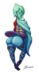 Rule 34 | 1girl, artist name, ass, blue eyes, blue hair, blue skin, colored skin, fi (zelda), forehead jewel, from behind, highres, hyrule warriors, looking back, matching hair/eyes, nintendo, no arms, solo, sven (svenners), the legend of zelda, the legend of zelda: skyward sword, thighhighs, white background