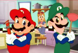 Rule 34 | 1girl, 2boys, black hair, blue eyes, brooklyn lady (mario), brothers, brown hair, cabinet, crossed arms, facial hair, hat, lips, long hair, looking at viewer, luigi, mario, mario (series), multiple boys, mustache, nintendo, overalls, phone, plunger, serious, siblings, sideburns, sink, skirt, standing, stool, sunglasses, the super mario bros. movie, the super mario bros. super show!, wrench