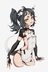 Rule 34 | 1girl, :d, absurdres, black gloves, black hair, breasts, cancell, cropped legs, elbow gloves, fang, gloves, highres, horns, looking at viewer, open mouth, orange eyes, original, side ponytail, simple background, small breasts, smile, solo, tail, teeth, white background