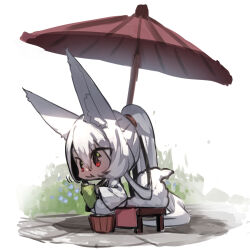 Rule 34 | 1girl, :t, absurdly long hair, animal ear fluff, animal ears, closed mouth, commentary request, eating, food, food request, fox ears, fox girl, fox tail, hair between eyes, highres, holding, holding food, japanese clothes, kimono, long hair, oil-paper umbrella, on bench, original, ponytail, red eyes, red umbrella, silver fox girl (yuuji (yukimimi)), simple background, solo, tail, umbrella, very long hair, white background, white kimono, yuuji (yukimimi)