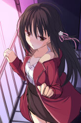 Rule 34 | 1girl, aria (koiiroharemoyou), black hair, blush, braid, breasts, brown skirt, cafe stella to shinigami no chou, closed mouth, coat, collarbone, earrings, embarrassed, fence, flower, fur-trimmed coat, fur trim, hair between eyes, hair flower, hair ornament, hair ribbon, high-waist skirt, highres, jewelry, long hair, looking at viewer, medium breasts, mole, mole under eye, open clothes, open coat, pink ribbon, reaching, reaching towards viewer, red coat, ribbon, shiki natsume, side braid, sidelocks, sketch, skirt, small breasts, solo, straight hair, stud earrings, sweat, yellow eyes, yuzu-soft
