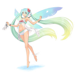Rule 34 | 1girl, armpits, bare shoulders, barefoot, bikini, bikini under clothes, bracelet, collar, collarbone, fairy wings, full body, goodsmile racing, gradient hair, hair ornament, hatsune miku, high heels, holding, jewelry, logo, long hair, looking at viewer, multicolored hair, navel, official art, open mouth, racing miku, racing miku (2017), shorts, simple background, smile, solo, swimsuit, tiptoes, tony taka, twintails, vocaloid, white background, wings