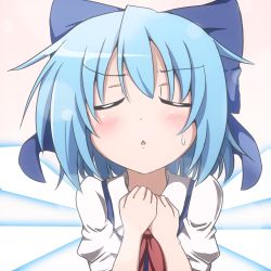 Rule 34 | 1girl, :&lt;, blue hair, blush, bow, cirno, do (4-rt), closed eyes, hair bow, incoming kiss, short sleeves, solo, sweatdrop, touhou, wings