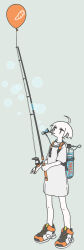Rule 34 | 1girl, ahoge, balloon, blowing bubbles, bubble wand, carrot print, colored skin, dress, fishing rod, food print, full body, grey dress, highres, holding, holding fishing rod, jitome, looking up, mouth hold, original, shoes, short dress, short hair, short sleeves, shoulder strap, simple background, sneakers, soap bubbles, solo, standing, tank (container), uewtsol, white skin
