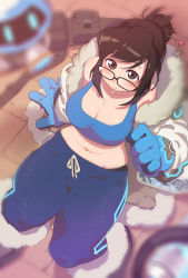 Rule 34 | 1girl, arm at side, arm support, beads, belt pouch, black-framed eyewear, black panties, blue gloves, blue pants, blurry, blush, breasts, brown eyes, brown hair, cleavage, closed mouth, coat, crop top, depth of field, eyebrows, from above, fur-trimmed jacket, fur trim, glasses, gloves, hair bun, hair ornament, hair stick, hairpin, highres, jacket, large breasts, lips, long sleeves, looking at viewer, looking up, mei (overwatch), midriff, navel, off shoulder, on floor, open clothes, open jacket, overwatch, overwatch 1, panties, pants, pouch, pout, redpencil, short hair, sidelocks, single hair bun, sitting, snowflake hair ornament, solo, stomach, sweat, swept bangs, tank top, tile floor, tiles, underwear